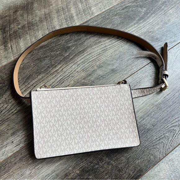 Michael Kors Mini Belt Bag Wristlet Purse Medium Cream Grey Tan Vegan Leather - Picture 6 of 12